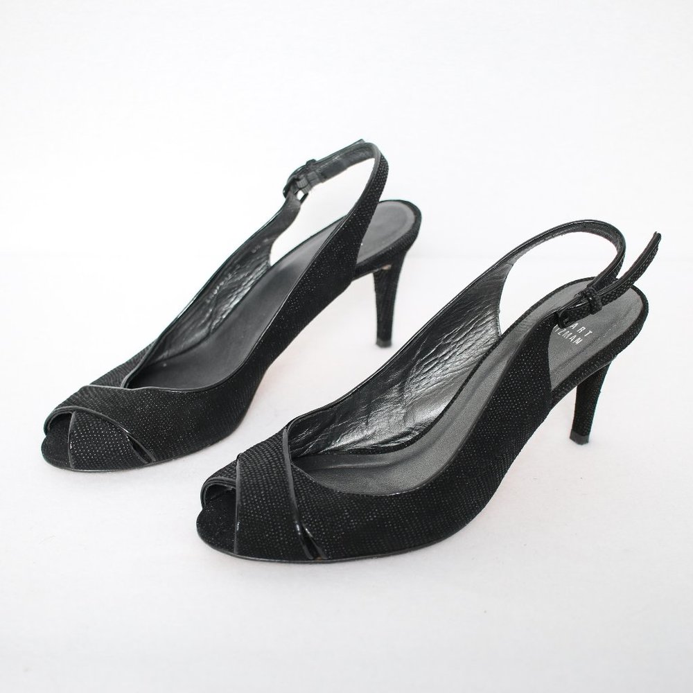 Stuart Weitzman Black Sparkly Open Toe Slingback … - image 2